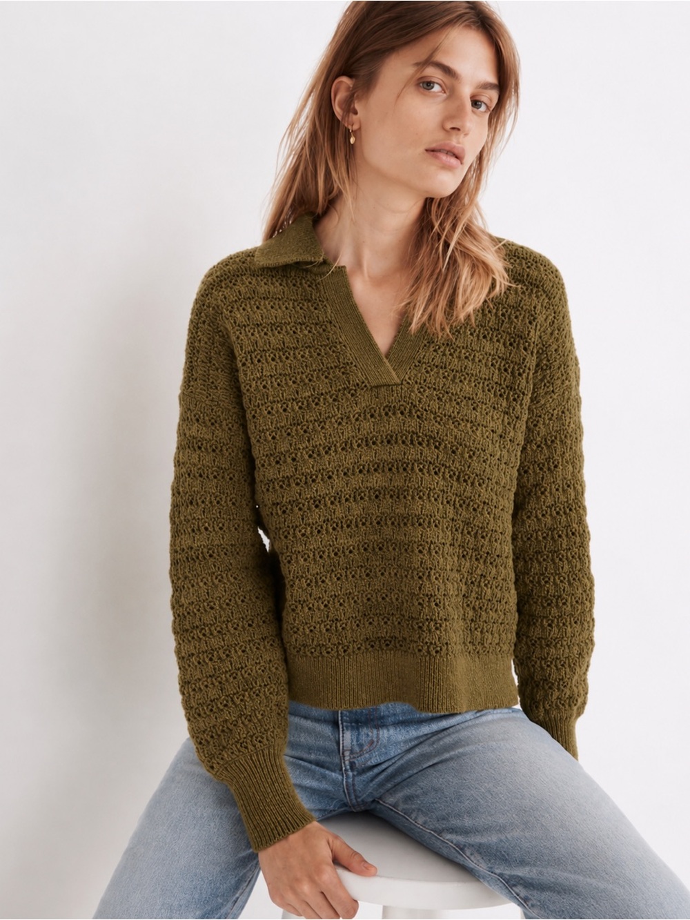 Madewell Sunbury Open Stitch Polo Sweater S Oversized Olive Green Boho Fall